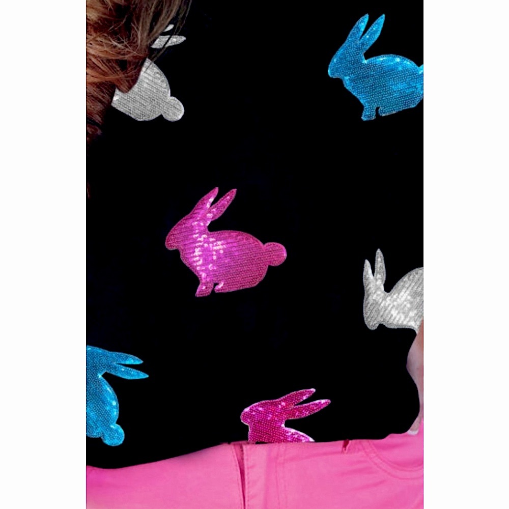 Easter Black T-Shirt Embellished with Pink, Blue & Silver Sequin Easter Bunnies - Picture 3 of 5